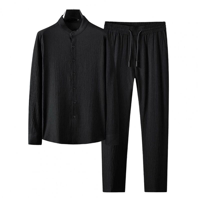 Solid Color Shirt Pants Set Stylish Men's Clothing Sets Single-breasted Shirts Wide-leg Pants Soft Fabrics for Casual Comfort