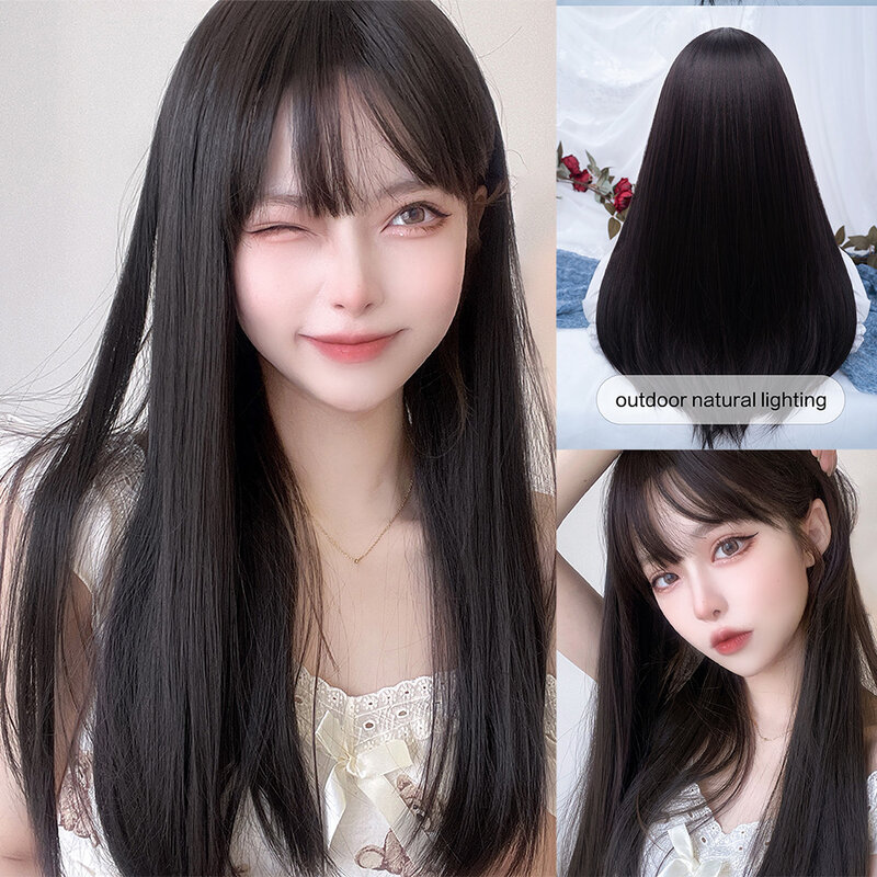 24Inch Dark Brown Synthetic Wigs With Bang Long Natural Straight Hair Wig for Women Daily Use Cosplay Heat Resistant Lolita