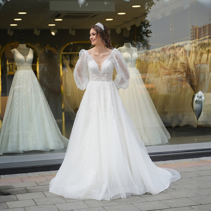 Vestidos de novia V-Ausschnitt Langarm Applikationen Spitze Tüll Brautkleid für Frauen A-Linie Gericht rücken frei Hochzeits kleid