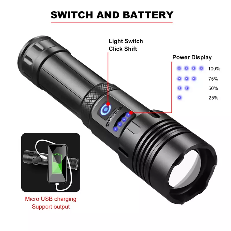 XHP70 + COB torcia a LED a doppia sorgente luminosa con Zoom Power Bank batteria esterna Flash Light ricarica USB 18650 26650 batteria