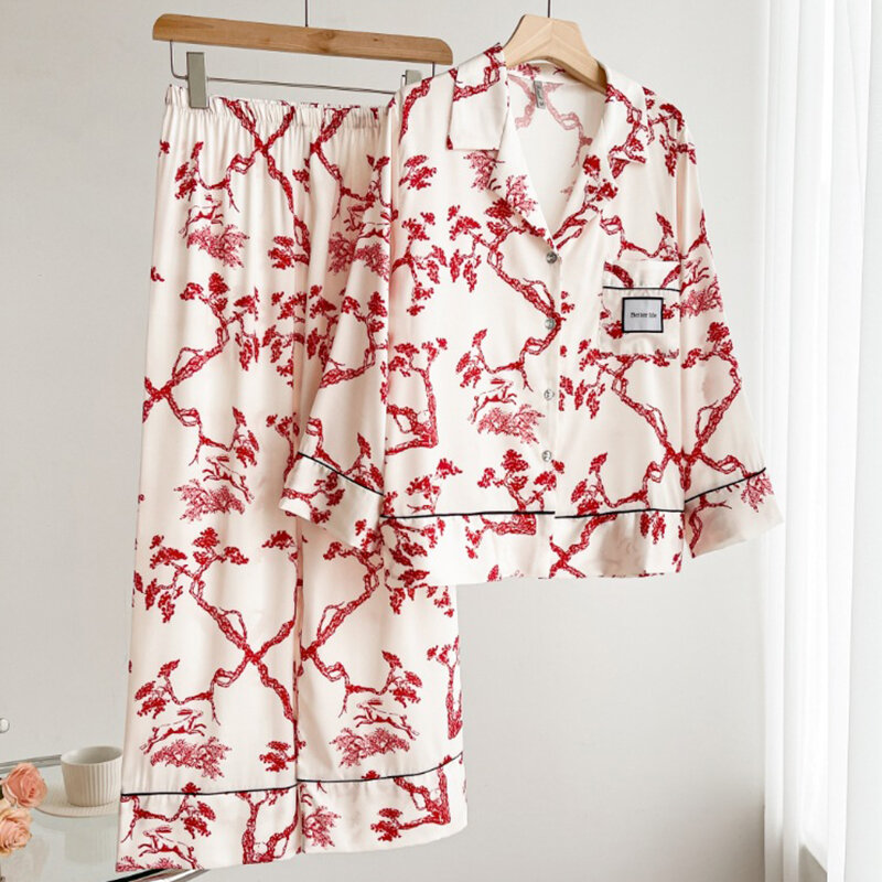 Female Pajamas Set Spring Autumn Silk Satin Sleepwear Long Sleeve Trouser Pyjama Pour Femme Loose Red Print Home Wear Loungewear