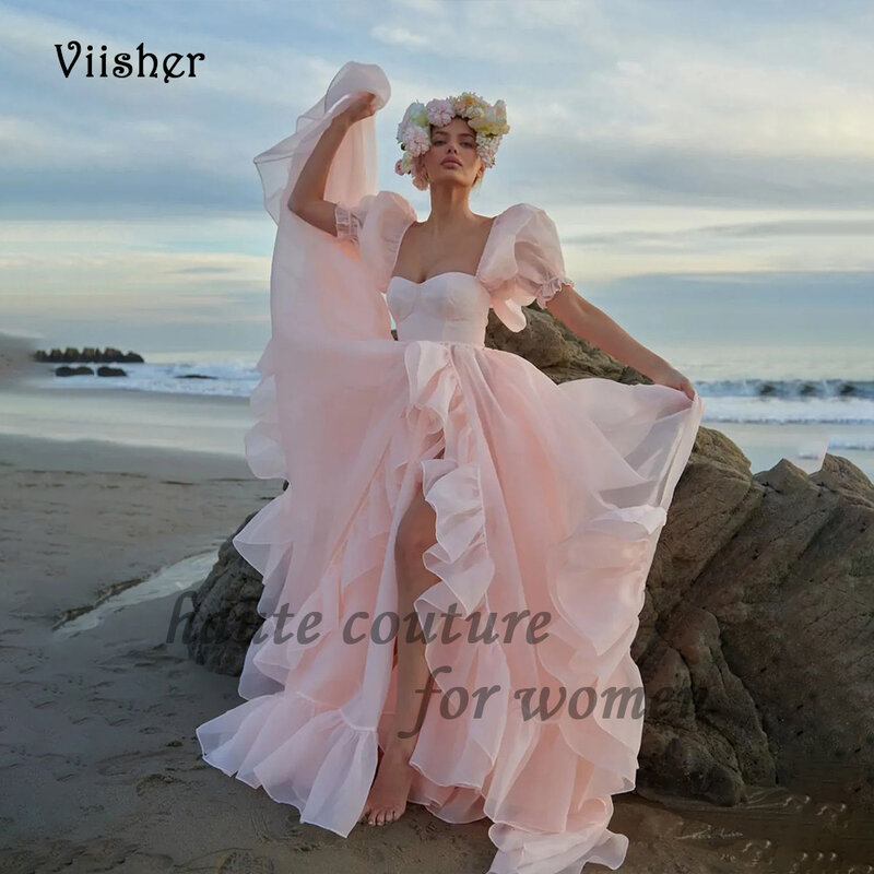 Viisher Baby Pink Organza A Line Prom Dresses with Slit Short Sleeve Sweetheart Evening Party Dress Backless Beach Formal Gowns