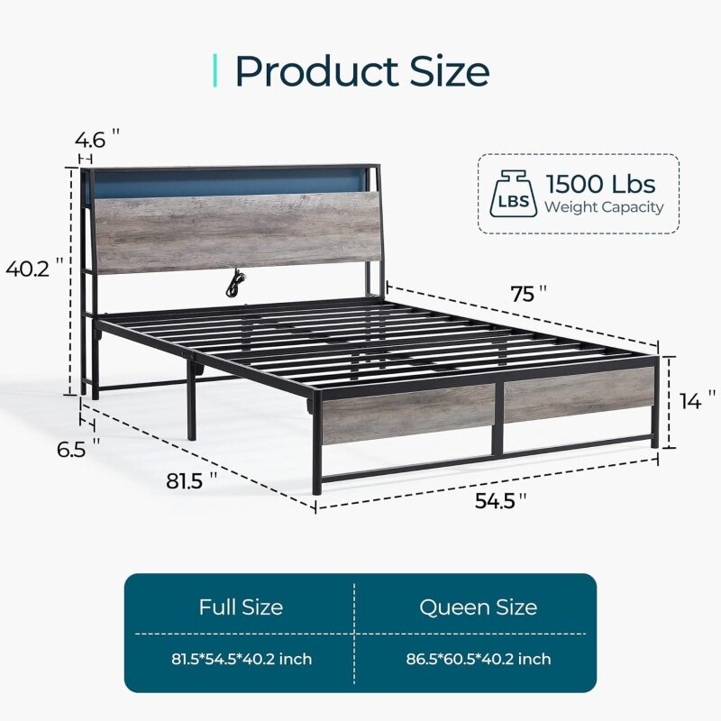 Marco de cama de tamaño completo con cabecero ergonómico y luces RGB, plataforma de salidas de Metal y cargador, 45 minutos F