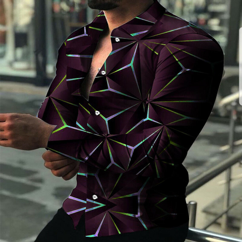 Wiosenne męskie drukowane koszule na co dzień 2022 stereoskopowe rhombus Streetwear odzież męska Cardigan wysokiej klasy koszula z długim rękawem