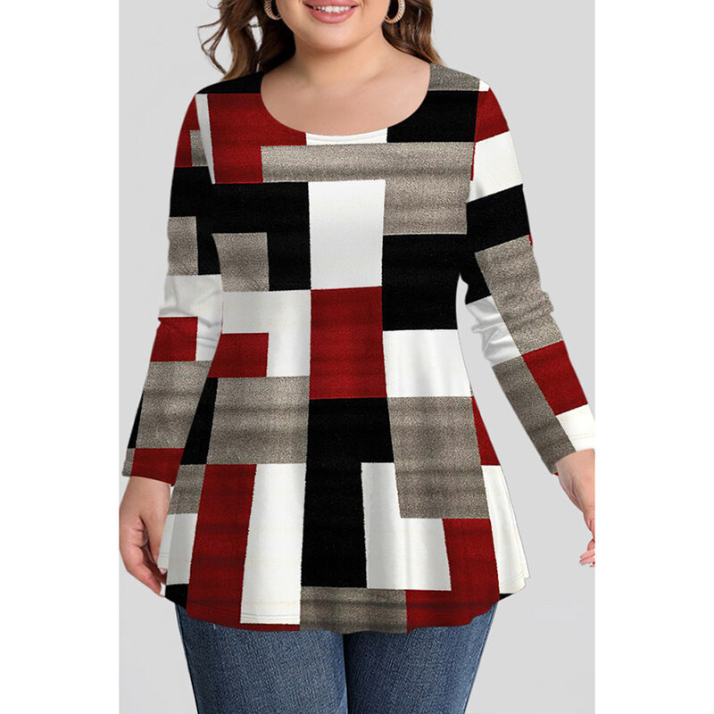 Plus Size Casual Loose Women's Commuting Color Blocking Printed Round Neck Daily Shirt