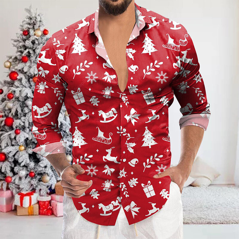 New Men's Shirts Christmas Print Lapel Collar Long Sleeve Shirt And Blouses Casual Holiday Party Tops Clothes For Man