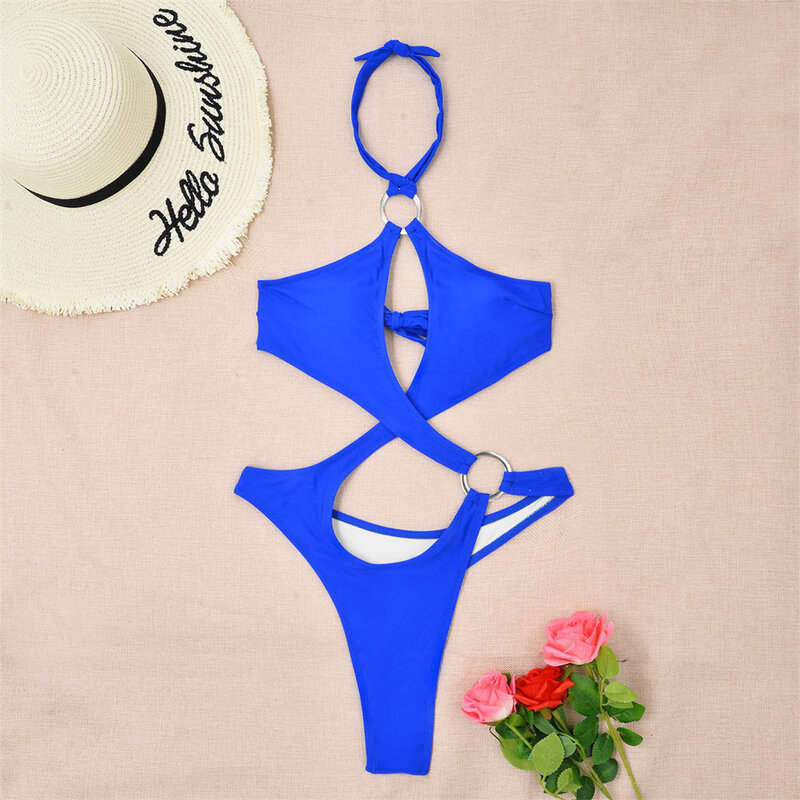 Conjunto de bikini de vendaje para mujer, traje de baño Sexy con anillos recortados, Monokini Irregular con cuello Halter, ropa de baño Y2K para vacaciones y playa