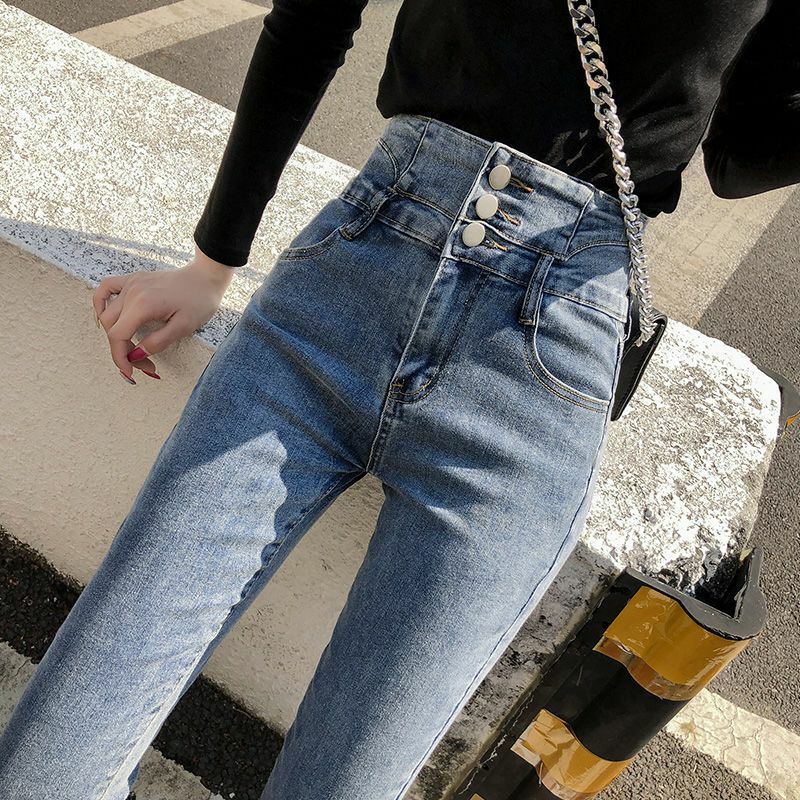 Женские джинсы-карандаш с завышенной талией, винтажные Эластичные Обтягивающие однотонные брюки в уличном стиле, модель T14, 2024