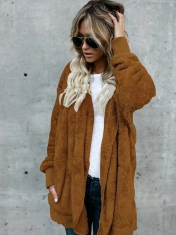 Jaket bulu panjang lembut hangat wanita, pakaian luar kardigan tanpa kancing saku mantel mewah musim gugur musim dingin 2023