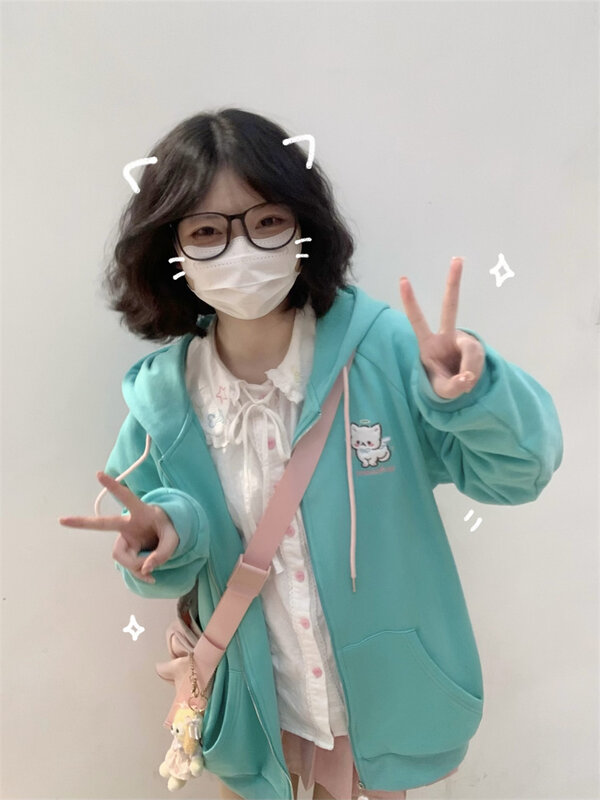 QWEEK-Sudadera con capucha Harajuku Kawaii para mujer, chaqueta con capucha bonita Y2K japonesa con orejas de gato, sudaderas femeninas de gran tamaño estilo Lolita dulce