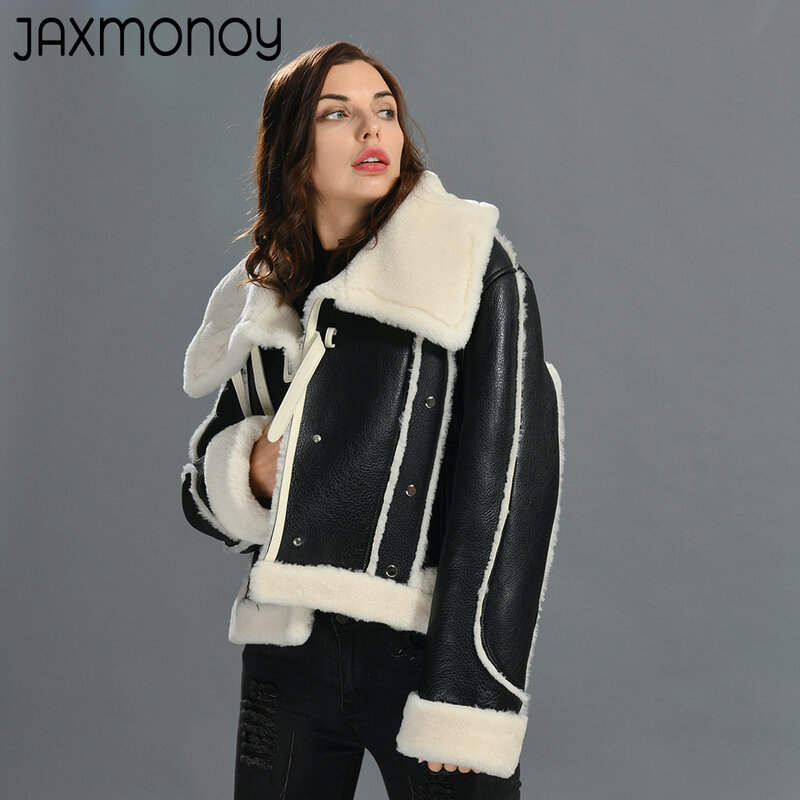 Женская дубленка Jaxmonoy из натуральной кожи, Дамская Двухсторонняя куртка из овечьей шерсти, тосканская верхняя одежда из овчины, новинка 2022, теплое пальто