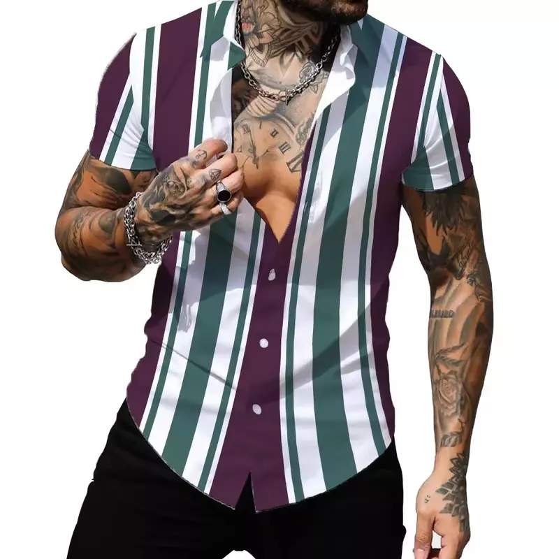 Camiseta de botão listrado colorida masculina, camisa de manga curta, moda escritório, design casual, festa de rua, ao ar livre, designer, 2023