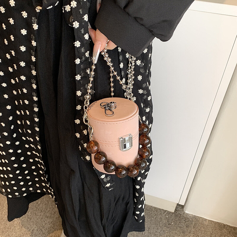 Mini Barrel-shaped Crossbody Bags for Woman Beaded Chains Handbags Small Box Shoulder Bag Designer Bag Coins Lipstick Purses New