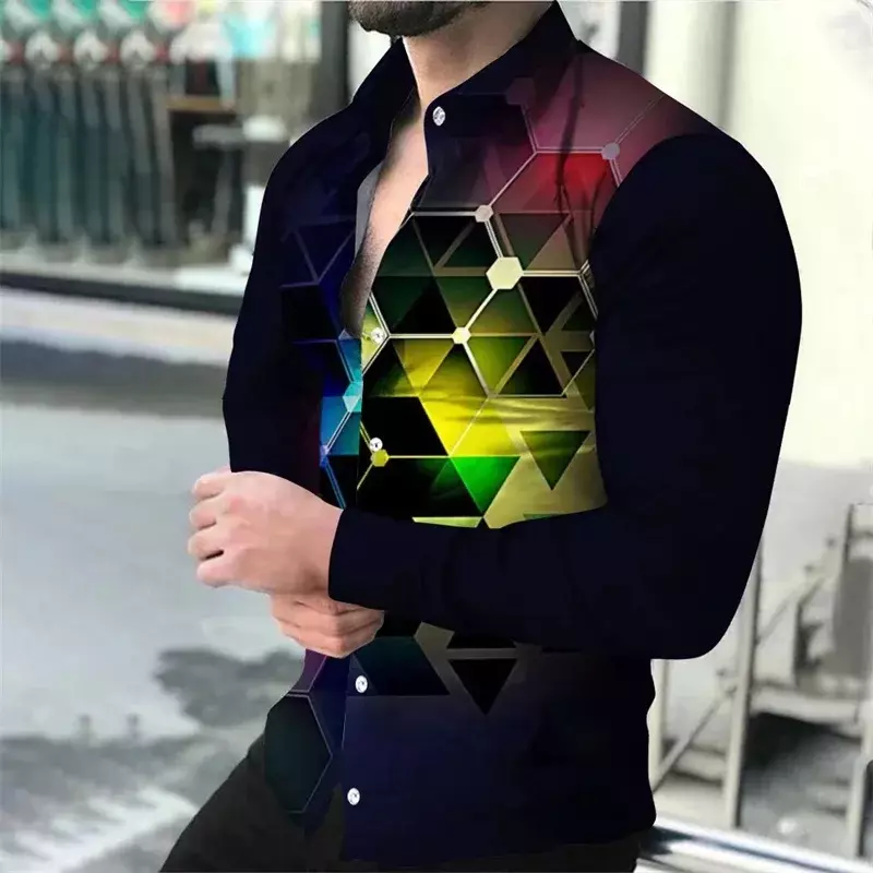 Рубашка мужская с отложным воротником, модная повседневная мягкая удобная блуза с длинными рукавами, разноцветная, с круглым вырезом и цепочкой, весна-лето 2023
