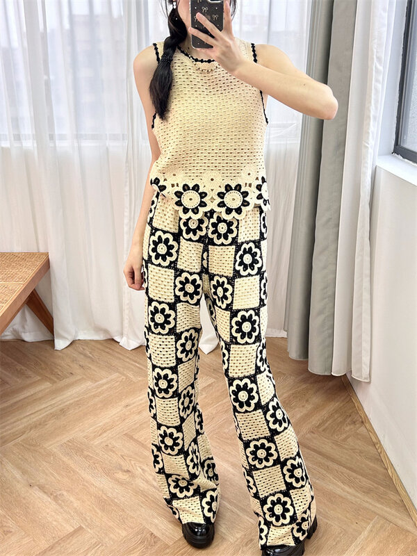 Women Crochet Knitted Suit 2024 Summer New Pastoral Style O-neck Sleeveless Tops or High Waist Long Pants