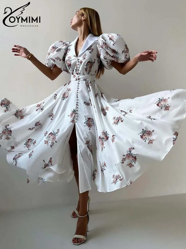 Oymimi Elegante Zwarte Print Womens Jurk Mode Revers Korte Mouw Single Breasted Jurken Casual Vetergeplooide Mid-Calf Jurk