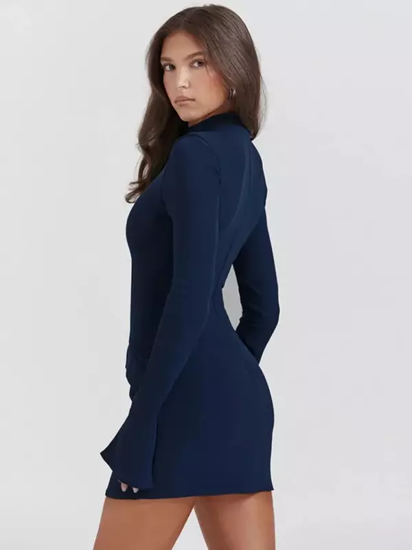 2024 New Dark Blue Two Pocket Sexy Skirt For Women Autumn Winter New Long Sleeve Bodycon Club Party Dress Elegant CSM3JY23605