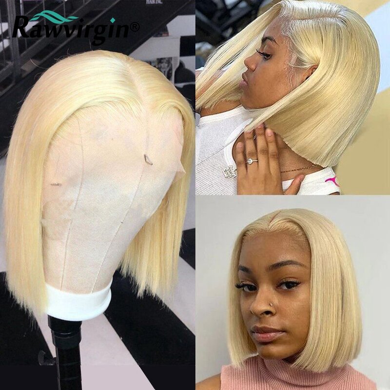 Peluca de cabello humano con encaje Frontal transparente para mujeres negras, pelo corto Bob brasileño predespuntado, color rubio 613, 13x4 HD