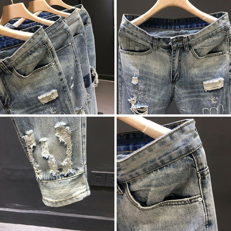 Men's Casual Spring Autumn Denim Slim Jeans 2024 New Ripped Distressed Vintage Hole Beggar Cowboy Brand Stretch Washed Leg Pants