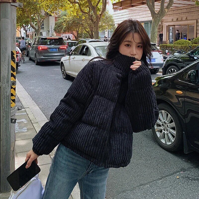 2024 New Winter Corduroy Short Jacket Women Korean Style Thick Zipper Cotton Parkas Woman Stand Collor Warm Outwear Bubble Coats