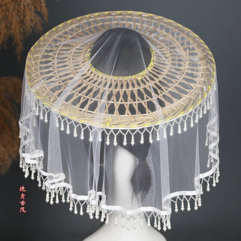 Starożytny styl dwuwarstwowy zasłona z frędzlami, bambusowy kapelusz głowy, rekwizyty fotograficzne Hanfu, wszechstronny parasol z głową starożytny kostium