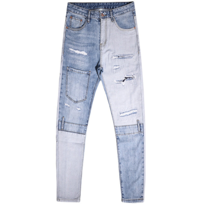 Moda streetwear homem jeans retro luz azul emendado designer jeans rasgado bordado remendado hip hop calças jeans hombre