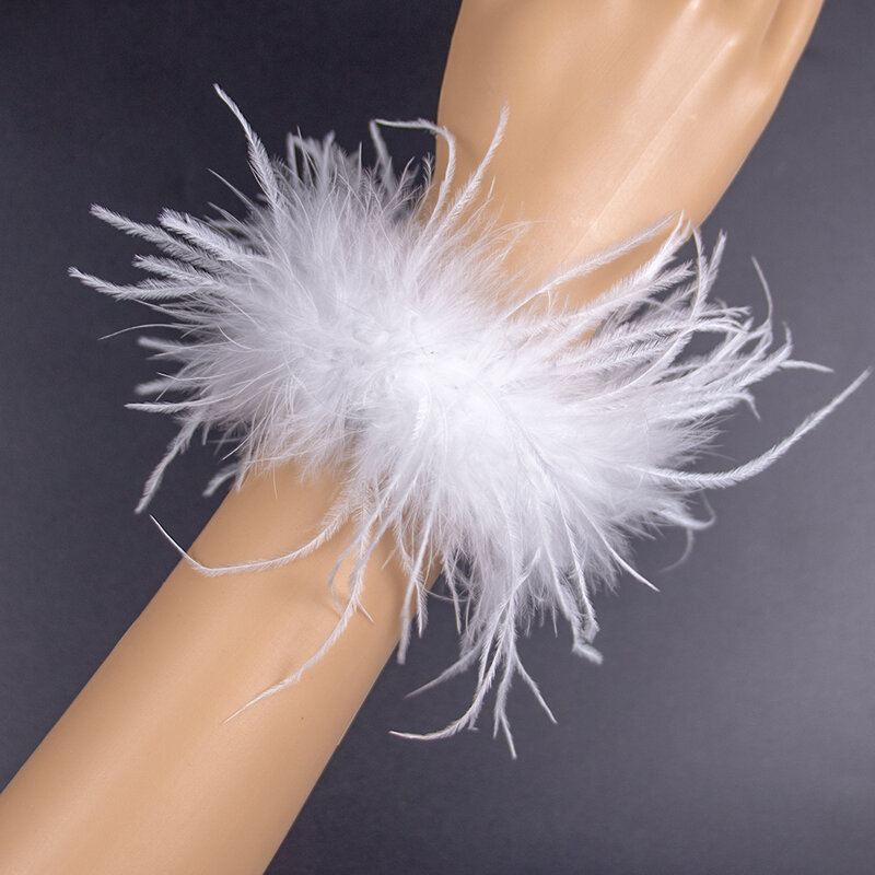 Puños a presión de plumas de avestruz para mujer, 1 piezas, pulsera Slap, manga de muñeca, Blazer de plumas blancas
