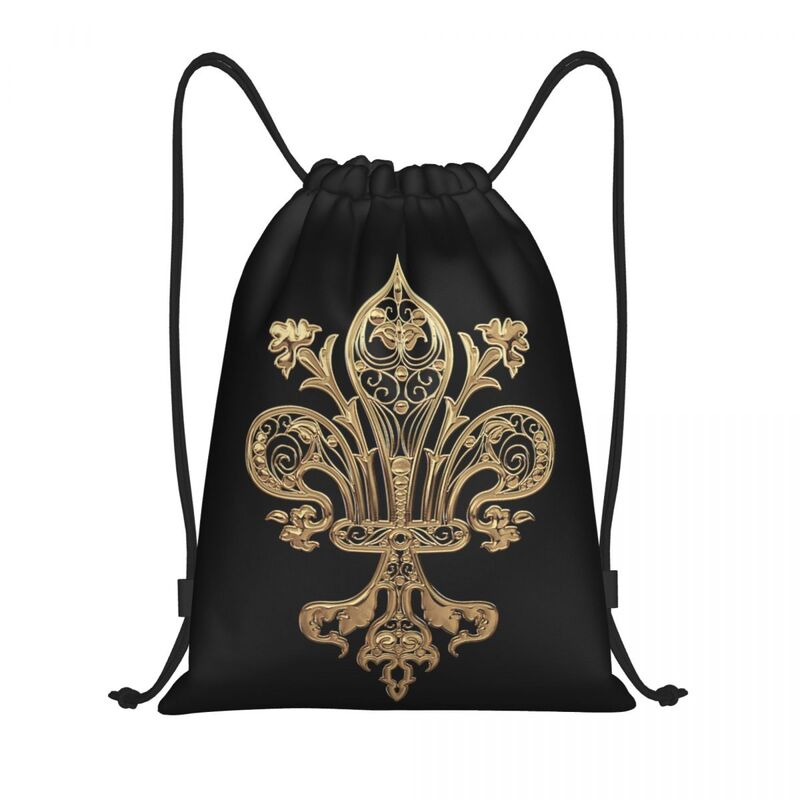 Gold Filigree Fleur De Lis Drawstring Bags for Training Yoga Backpacks Women Men Fleur-De-Lys Lily Flower Sports Gym Sackpack