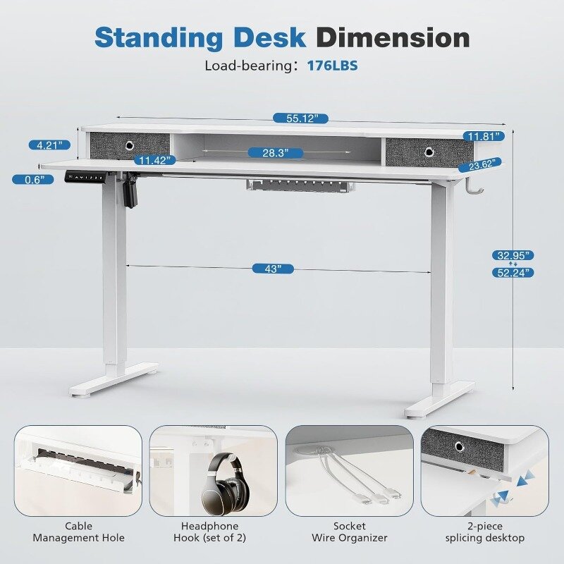 Scrivania elettrica con doppio cassetto-55x24 pollici regolabile in altezza Sit to Stand Up Desk con ripiano