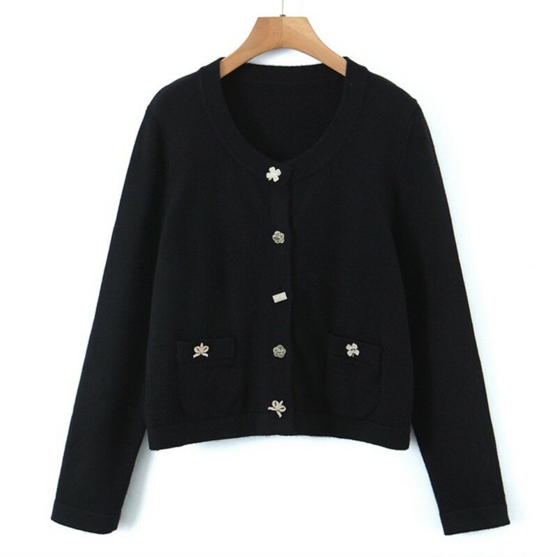 3XL Good Quality Short Cardigan Jacket Women Plus Size 2022 Autumn Winter Diamond Button Jumper Retro Chic Slim Knitted Sweater