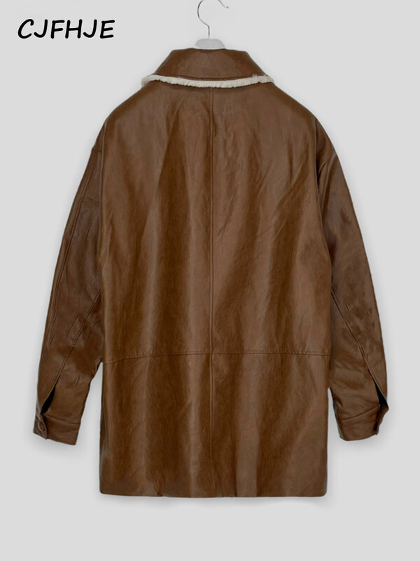Cjfhje-女性用ファーライナー付きフェイクレザーオーバーコート、シングルブレストジャケット、ポケット、ボタンアップコート、ロング、ウォーム、ウィンターファッション、新品