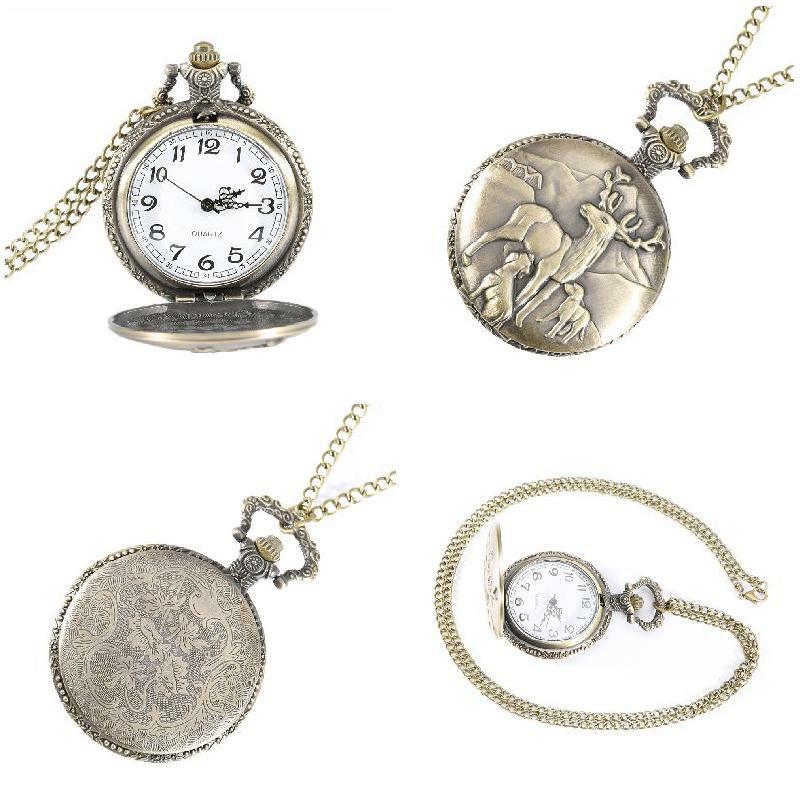 Zegarek na łańcuszku zegarek kieszonkowy Vintage jelenie etui wisiorek w kształcie zegarka kieszonkowego kwarcowy naszyjnik damski łańcuch męski zegarek męski