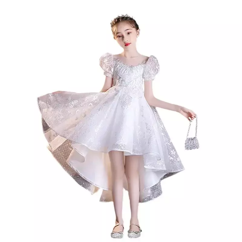 Платье с цветочным принтом для девочек, новинка весны 2024, детское белое повседневное простое и милое платье с коротким передом и длинной спинкой для выступлений на пианино