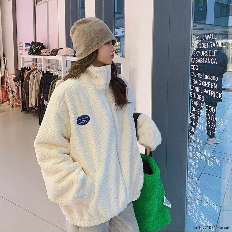 2023 Autumn and Winter New Standing Collar Faux Fur Coat Pit Striped Mid length Loose Thickened Coat for Women