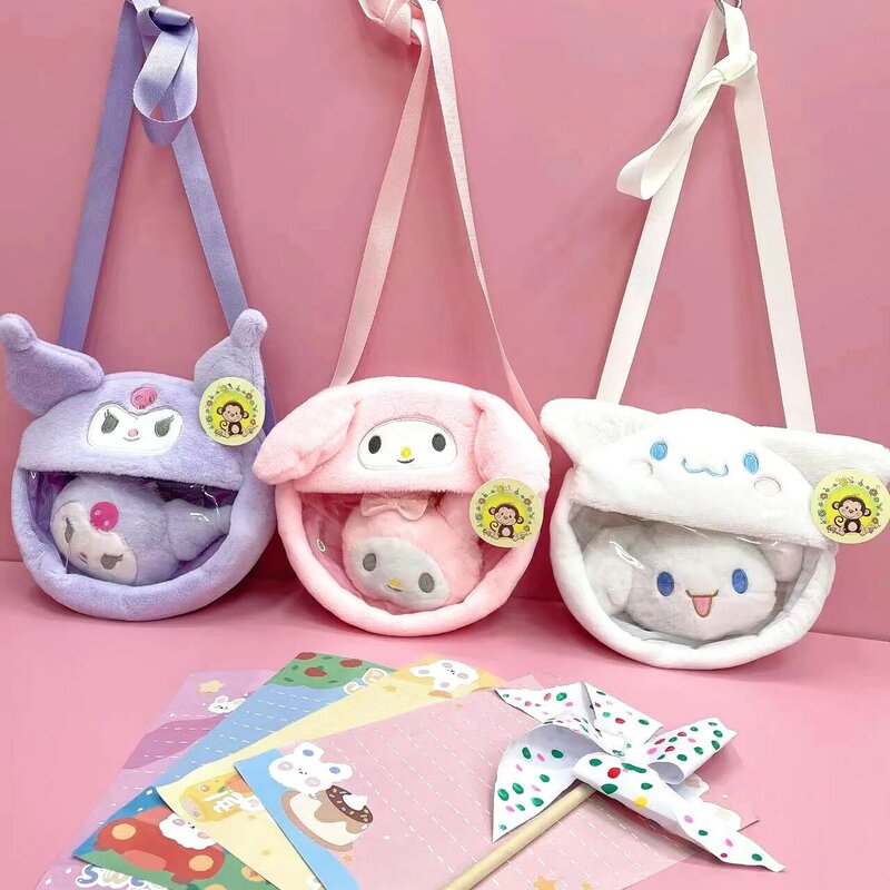Hello Kitty Cute peluche borsa giocattoli Sanrio My Melody Pocketbook Cinnamorol portafoglio borsa Pom Purin Kuromi peluche zaino