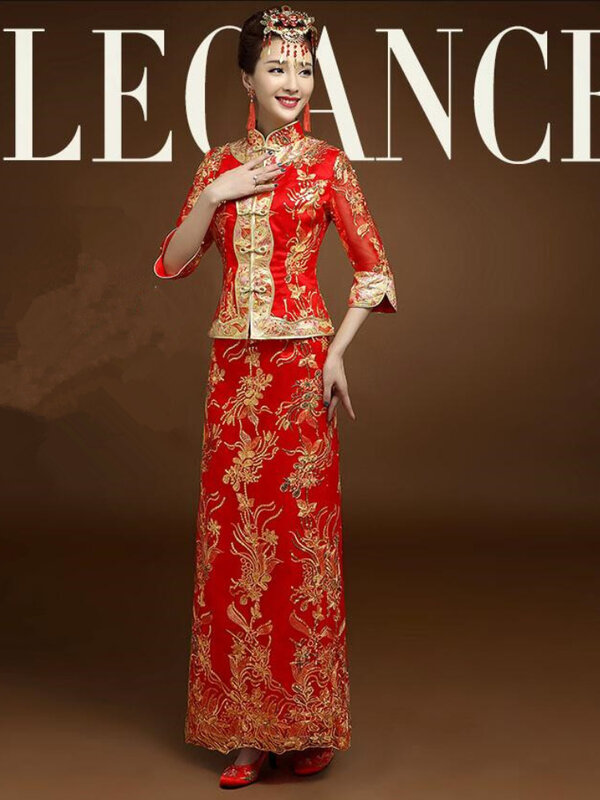 Robe de Mariée Alberoise Rouge de Haute Qualité, Cheongsam, Or, Slim, Traditionnel, pour ix, pour Femme