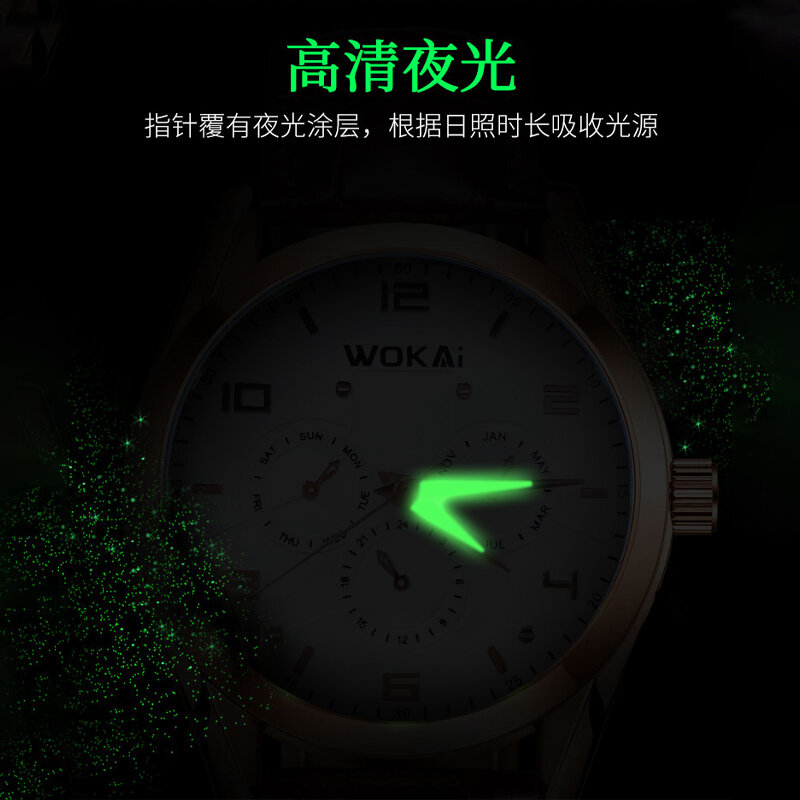 Wokai alta qualidade moda três olho cinto de couro masculino relógio de quartzo negócios esporte à prova dsimple água relógio retro simples