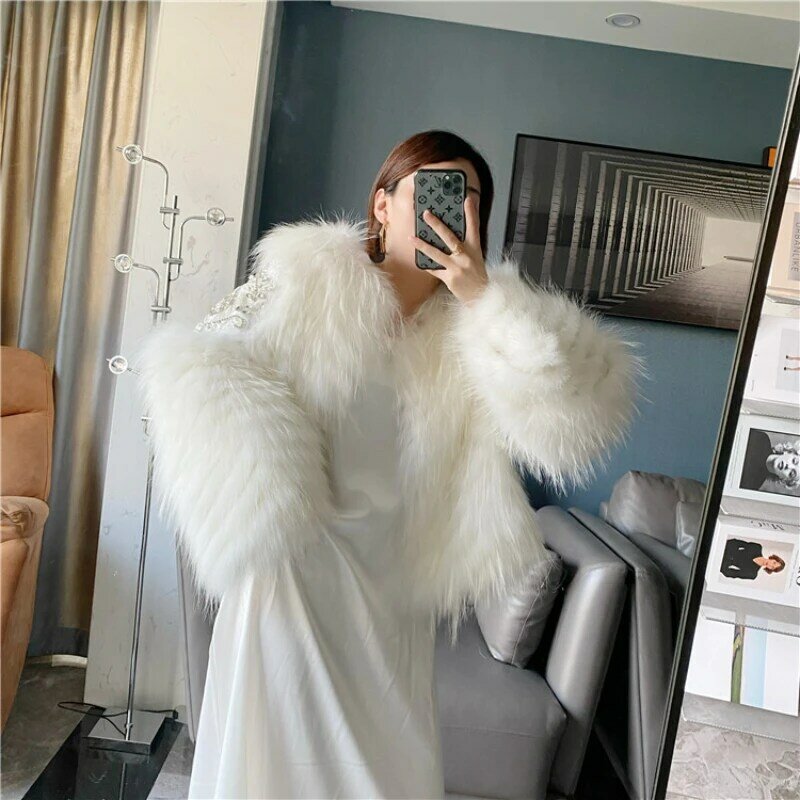 2023 Hot Sales New Europe and America Genuine Fur Jacket Woman Real Raccoon Fur Warm Fashion Autumn and Winter Short Coat