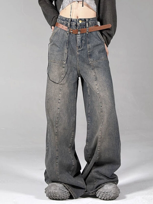 Pantalones vaqueros desgastados de pierna ancha para mujer, Jeans sueltos de calle Retro americana, pantalones de pierna recta, moda Hip Hop Y2k, cintura alta