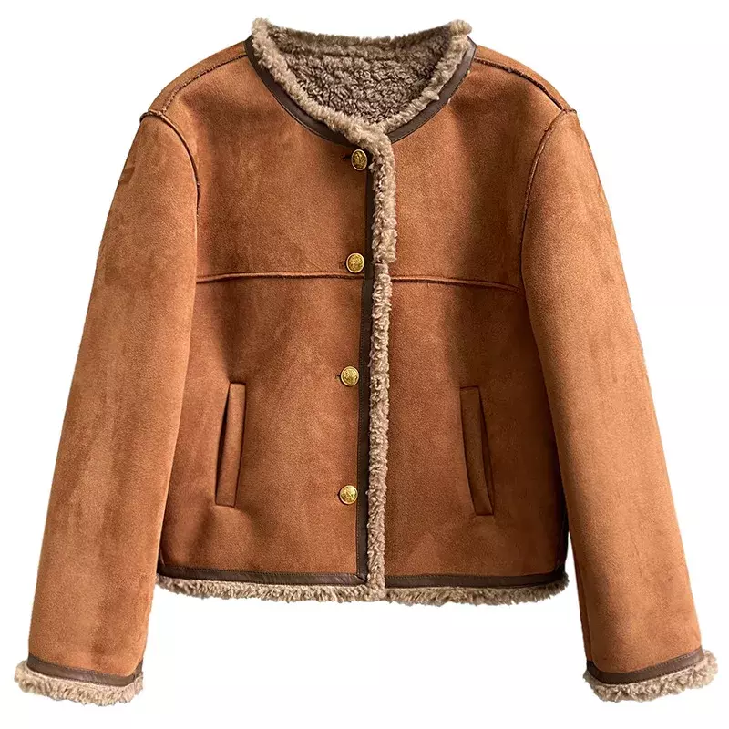 Jaket kulit domba kasual mewah wanita, jaket bulu beraroma kecil musim gugur dan dingin untuk wanita