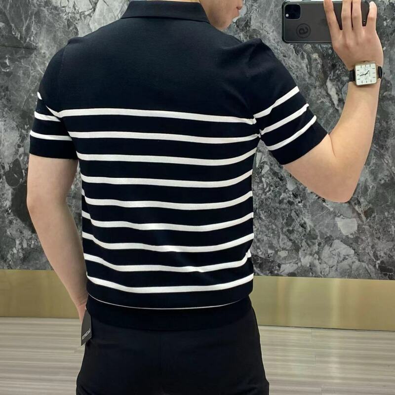 Abbigliamento coreano Smart Casual Splicing Stripe Slim Polo estate uomo lavorato a maglia Streetwear moda manica corta Versatile top