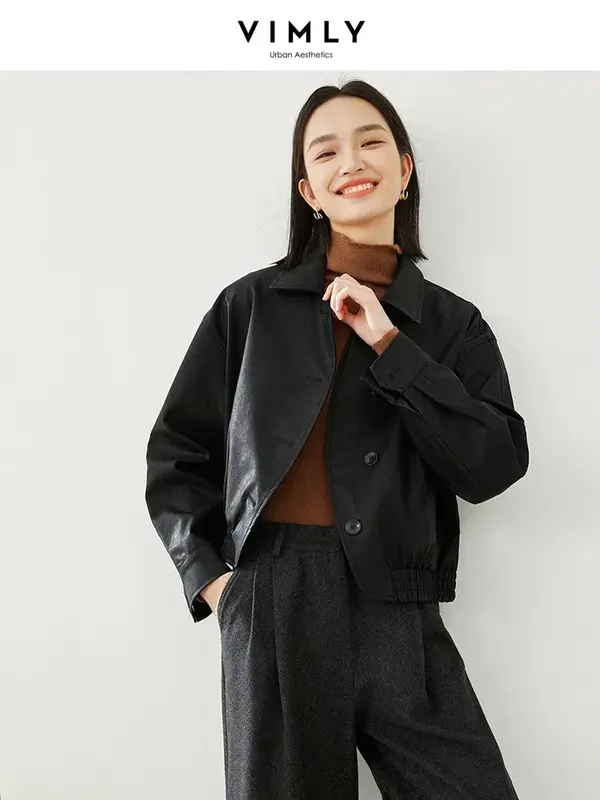 Vimly-Jaqueta de couro preta recortada feminina, jaquetas retas soltas de manga comprida para motociclista, roupa nova, primavera, 2021, 16236