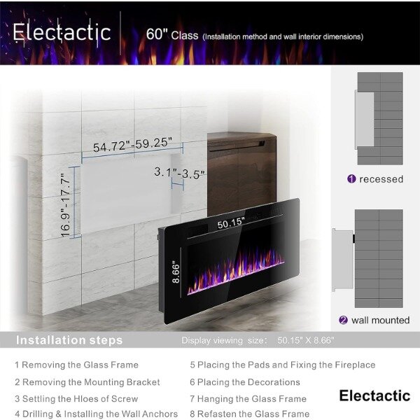 60 inches Electric Fireplace Recessed and Wall Mounted, Fireplace Heater and Linear Fireplace, with Timer, Remote Control