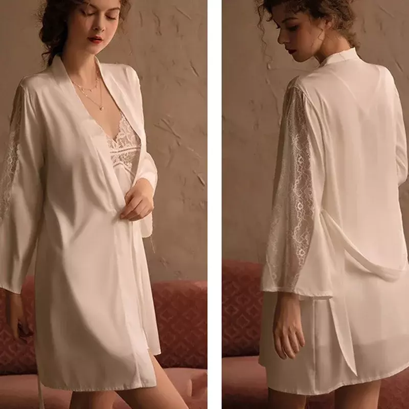 Set Piyama Wanita 3 potong baru 2024 piyama sutra imitasi set pakaian tidur gaun mandi renda bordir jubah gaun malam pernikahan dengan sabuk