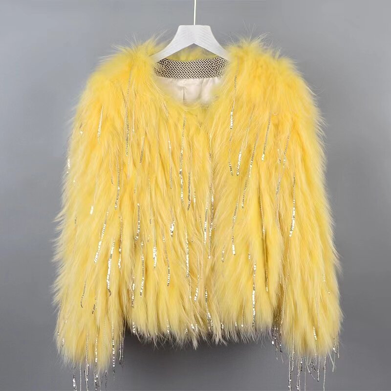 女性のための本物のアライグマの毛皮のコート,織りのコート,ファッショナブル,秋と冬