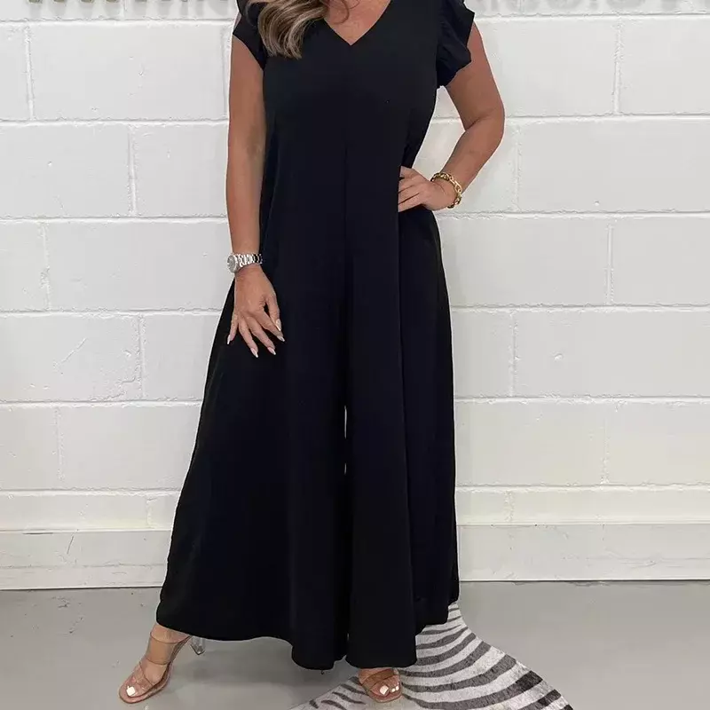 Summer Jumpsuits For Women Casual V Neck Ruffle Short Sleeve Long Pants Jumpsuit Women Fashion Loose Rompers