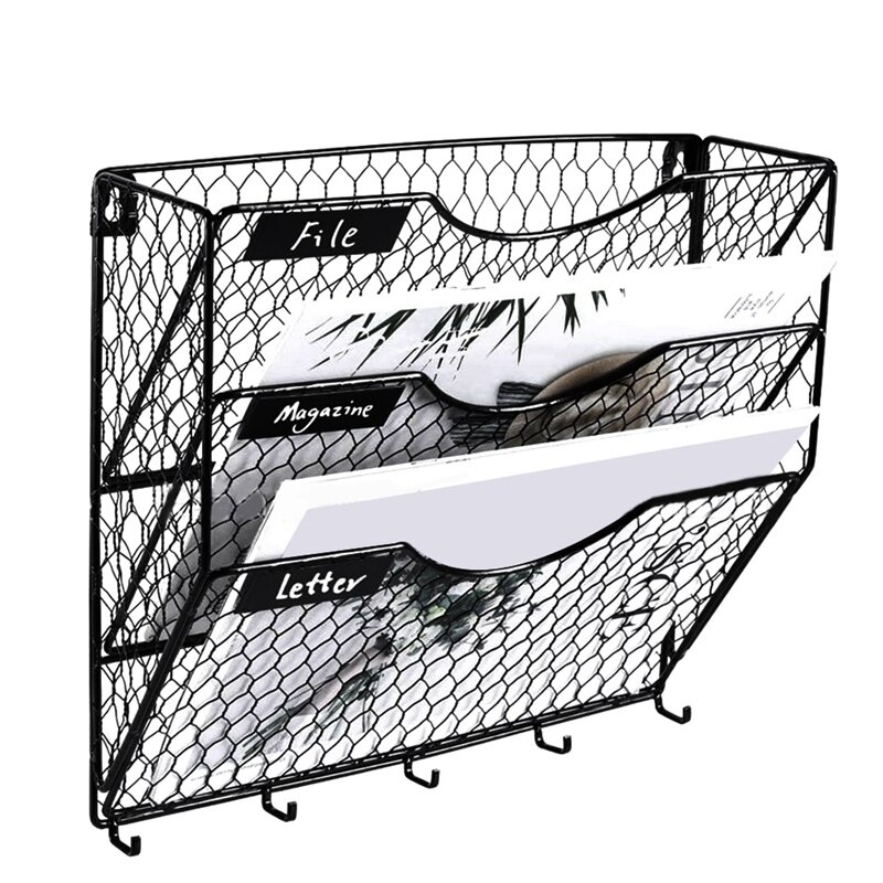 3 Tier Metal Mesh Hanging Mail Rack Wall Mount With Hooks Letter Document Magazine Office Sorter Bin