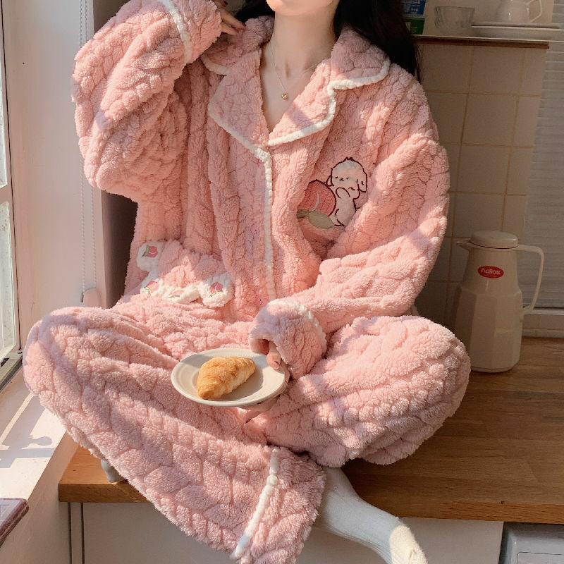 Winter New Women Nightclothes Sweet Coral Fleece Cardigan Pajamas Female Warm Long Sleeves V-neck Casual Homewear Two-Piece Set