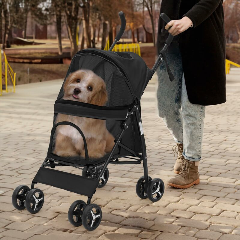 Black 4 Wheel Easy-Fold Pet Stroller with Sun Cover, Breathable Mesh, for Pet up to 22lbs