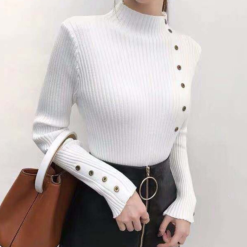 2023 Knitted Pullover Women Turtleneck Sweater Autumn Fashion Buttons Women Solid Soft Warm Jumper Elegant Knitwears Tops 29160